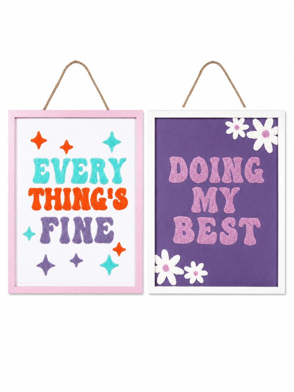 Set of 2 retro colorful tufted framed wall decor pieces fun  NEW 12 H X 8 W